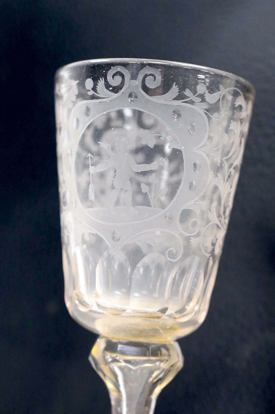 A 19th century Dutch? engraved glass goblet, 19cms high